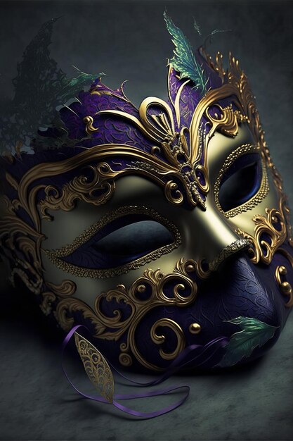 Ai generated golden carnival mask with purple and green colors for venetian masquerade costume for mardi gras party against dark background