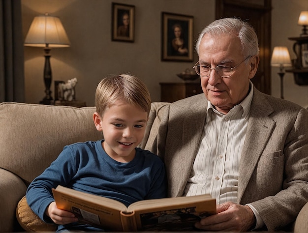 ИИ-генерированный дедушка читает внуку на диване на Всемирный день бабушек и дедушек