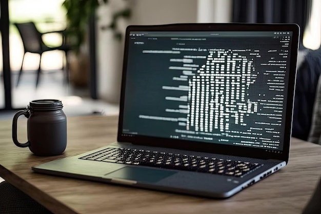Фото Хакерский ноутбук, созданный искусственным интеллектом, с бинарным компьютерным кодом, интернетом и сетевой безопасностью