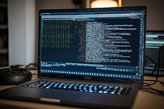 写真 バイナリ コンピュータ コード インターネットとネットワーク セキュリティを備えた ai 生成ハッカー ラップトップ
