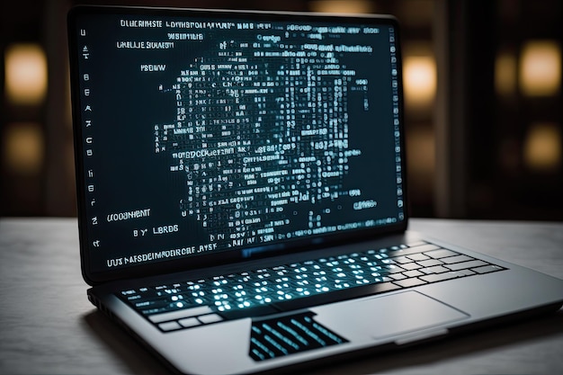 AI generated hacker laptop with binary computer code internet and network security