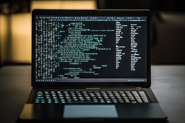 AI generated hacker laptop with binary computer code internet and network security