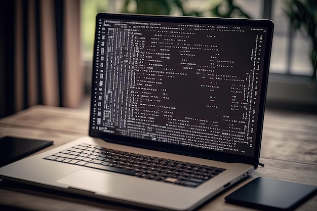 AI generated hacker laptop with binary computer code internet and network security