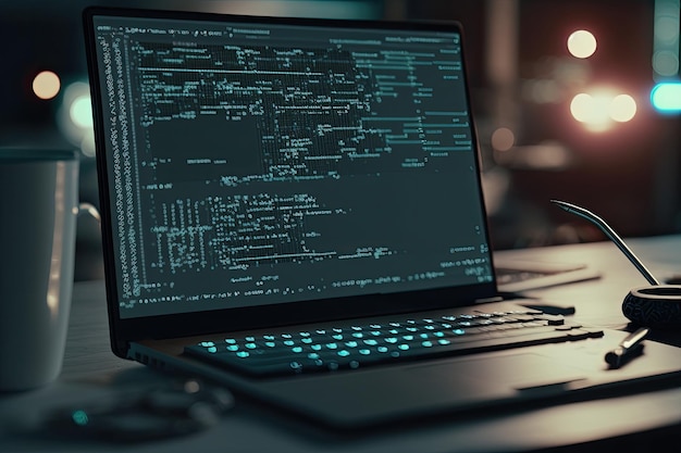 AI generated hacker laptop with binary computer code internet and network security