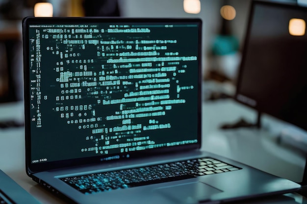 バイナリ コンピュータ コード インターネットとネットワーク セキュリティを備えた AI 生成ハッカー ラップトップ