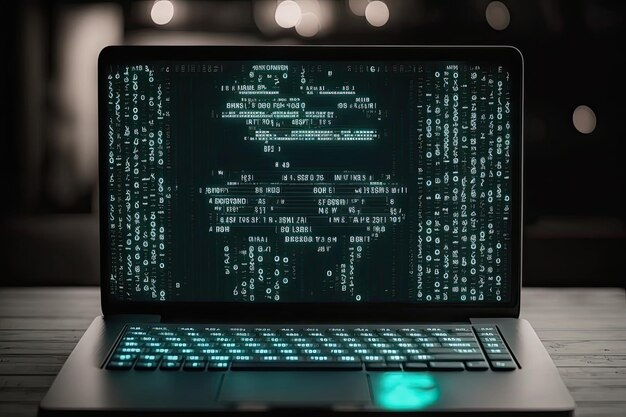 バイナリ コンピュータ コード インターネットとネットワーク セキュリティを備えた AI 生成ハッカー ラップトップ