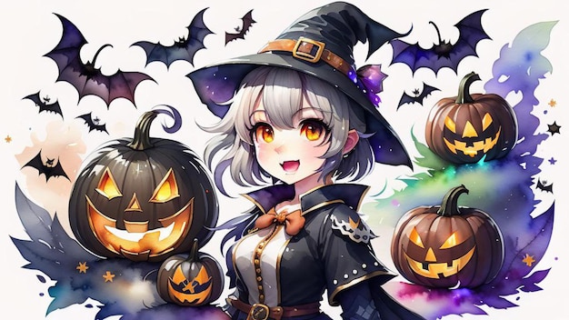 AI generated halloween themed element pumpkin cute witch illustration splash art background