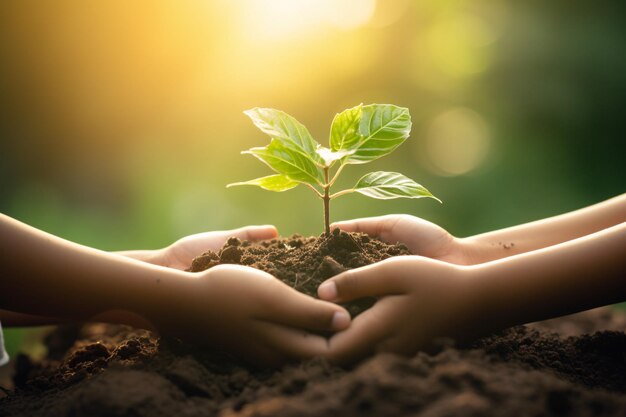 Ai generated hand children holding young plant with sunlight on green nature background concept eco earth day