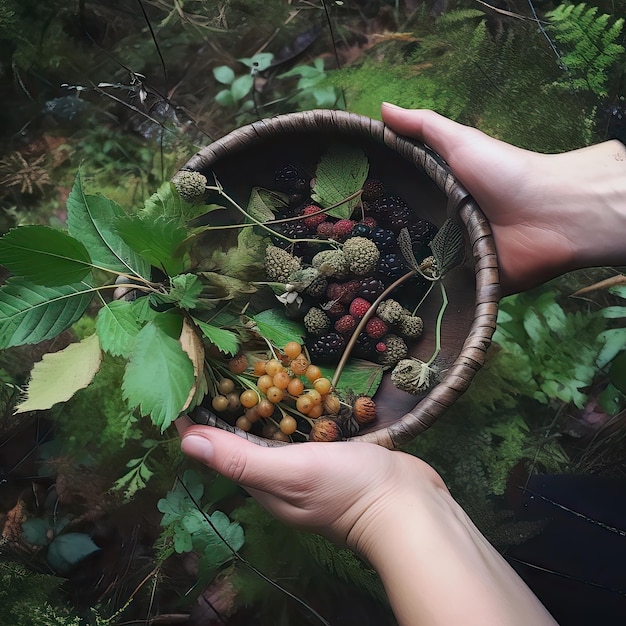 Фото Сгенерированный ии руки держат корзину с дикими ягодами в лесу вид сверху
