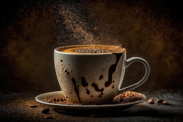 AI generated of hot art latte coffee in cup on wooden table and coffeeshop blur background