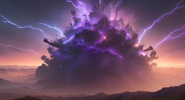 Ai generated huge purple explosion with lightning effect