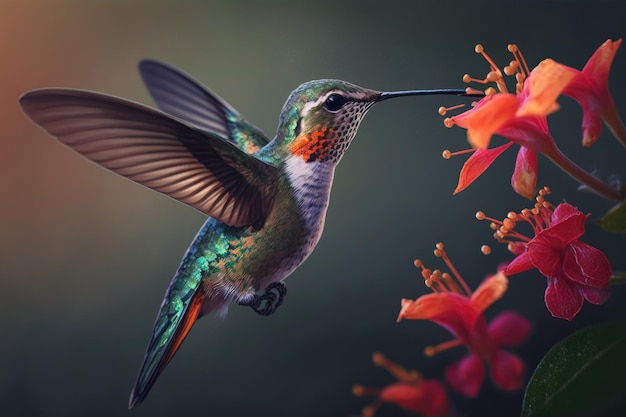 Photo ai generated a hummingbird in flight dipping its beak into a flower to drink its nectar
