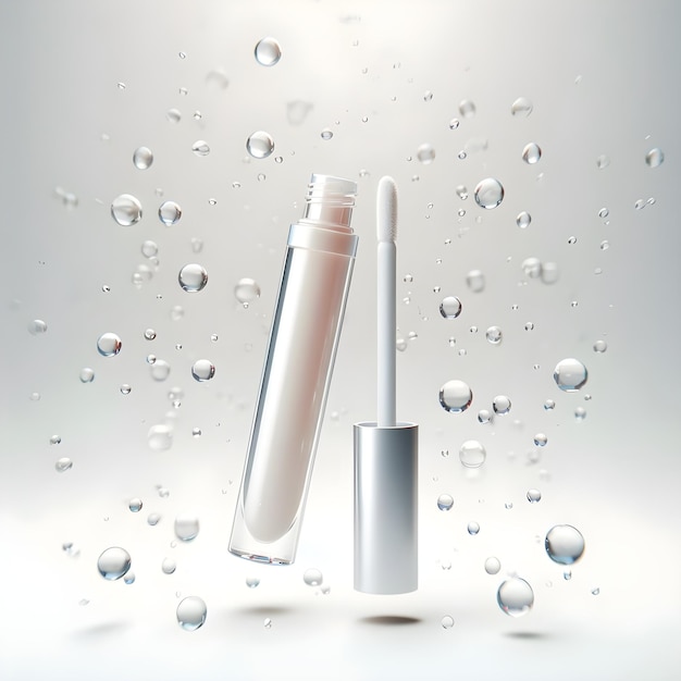 Photo ai generated hyper realistic floating empty slim white lip gloss bottle and clear liquid floating