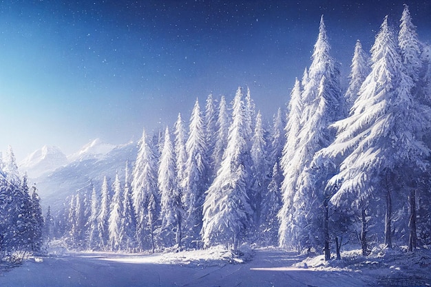 An AI-generated hyper-realistic winter background with snowy trees and snowcap mountains in fog