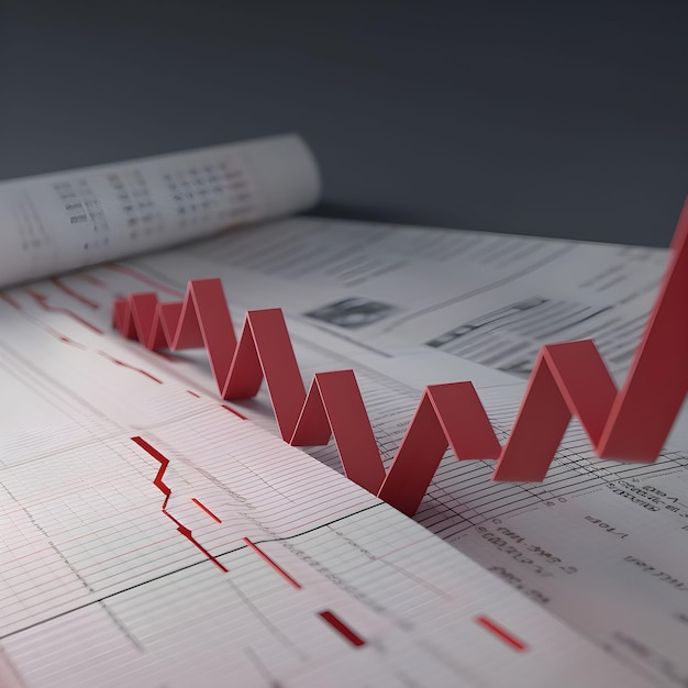 AI generated illustration of a 3D rising red graph on documents