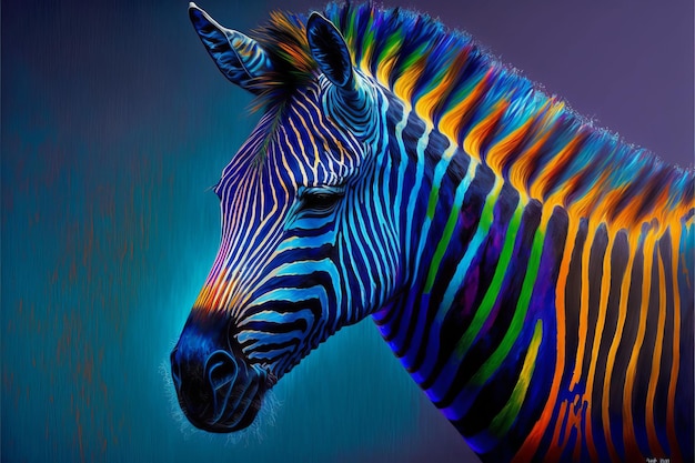 AI generated illustration of Aavibrant striped zebra stands out against a black background