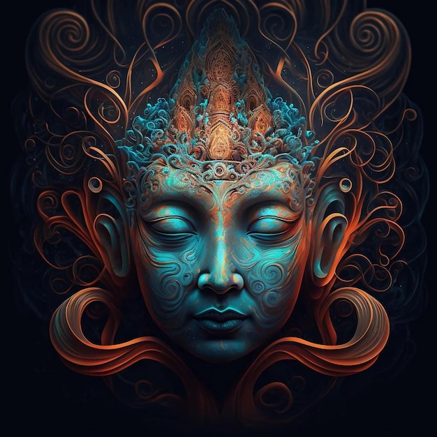 AI generated illustration of an abstract intricate Buddha sculpture face