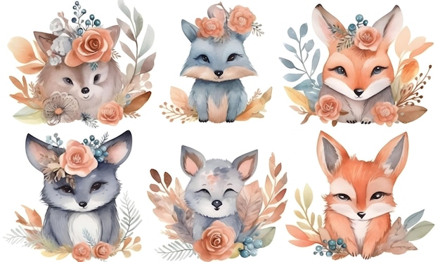 An AI generated illustration of adorable baby animals wearing delicate floral crowns on a white background