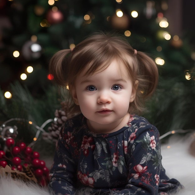 AI generated illustration of an adorable baby in front of a Christmas tree