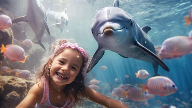 Photo an ai generated illustration of an adorable blonde toddler swimming with a dolphin outdoors