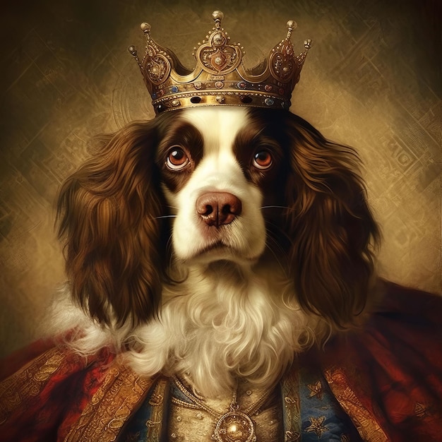 AI generated illustration of an adorable dog wearing a grandiose crown and a red, regal cape