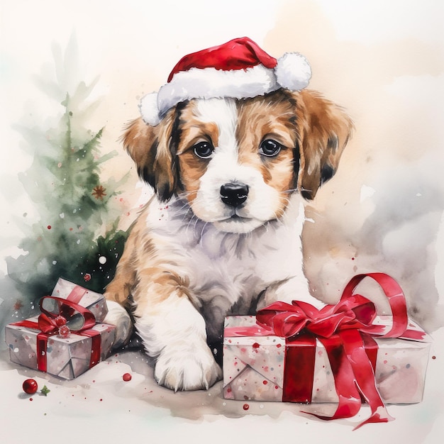 AI generated illustration of an adorable puppy sitting on a table with Christmas gifts