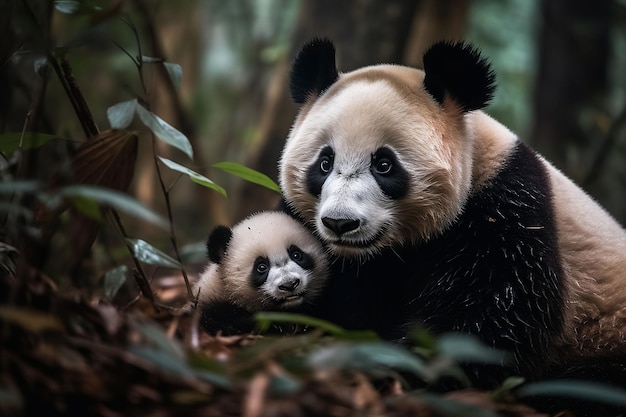 An AI-generated illustration of an affectionate mother giant panda embracing its baby in a lush forest setting