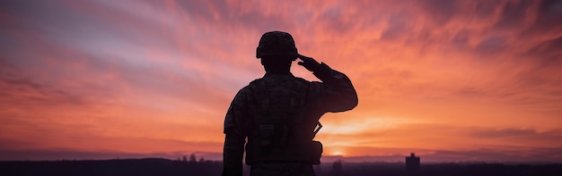 Ai는 일몰에 맞서 남성 육군 병사 실루엣에 경의를 표하는 American Proud의 그림을 생성했습니다.