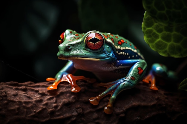 AI generated illustration of an amphibious tree frog on a grey rock basking in its natural habitat