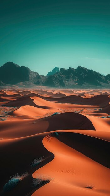 An ai generated illustration of an arid desert landscape with distant mountain ranges in the background