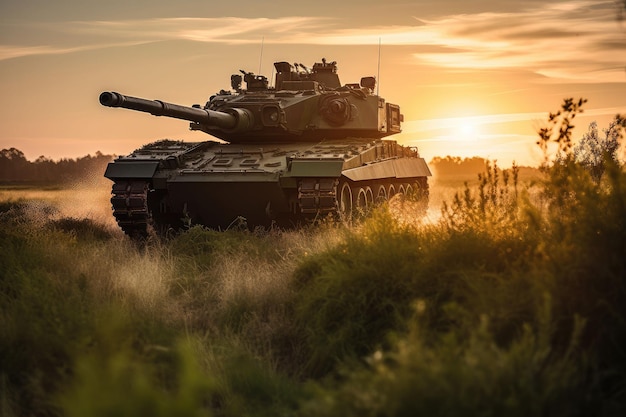 Photo an ai generated illustration of an army tank on a dirt road in a grassy field, illuminated by the warm orange light of the sun