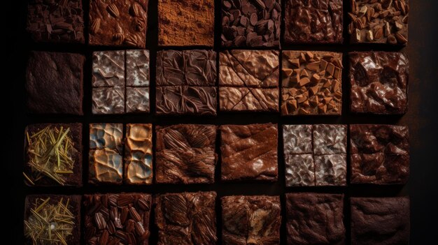 An AI generated illustration of an arrangement of freshly made brownies in a row, with a variety of different types and colors