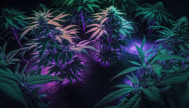 An AI generated illustration of an array of cannabis plants in neat rows