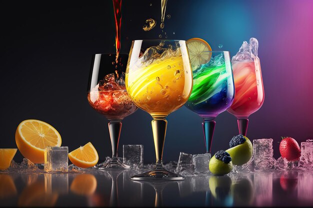 Ai generated illustration Assorted cocktails on colorful background