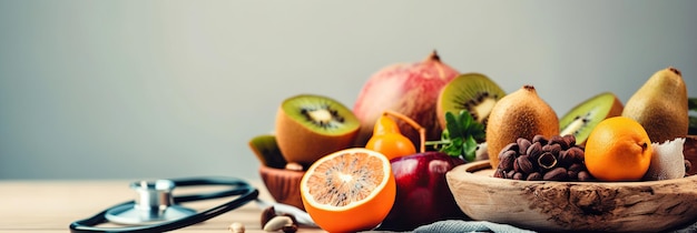 Photo ai generated illustration assorted fruits and stethoscope