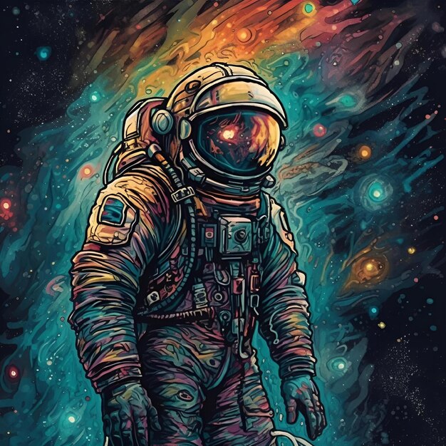 AI generated illustration of an astronaut in a spacesuit in the dark expanse of space