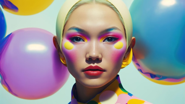 Ai generated illustration of an attractive asian woman with colored eyes on a colorful background