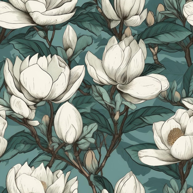 AI generated illustration of a background featuring seamless magnolia flower patterns