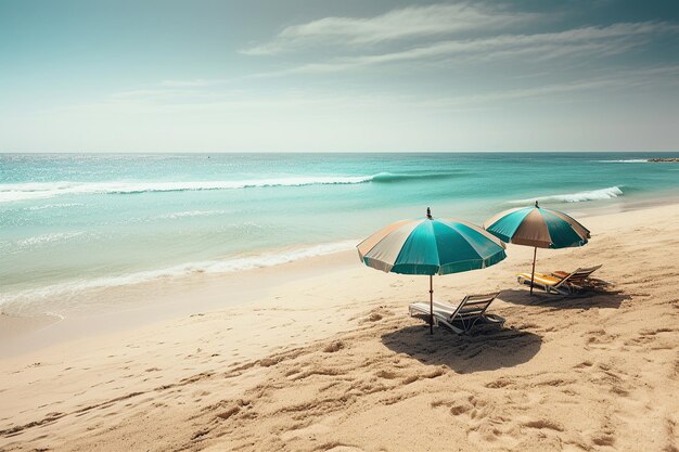 Ai generated illustration of beach umbrella with chairs on the sand