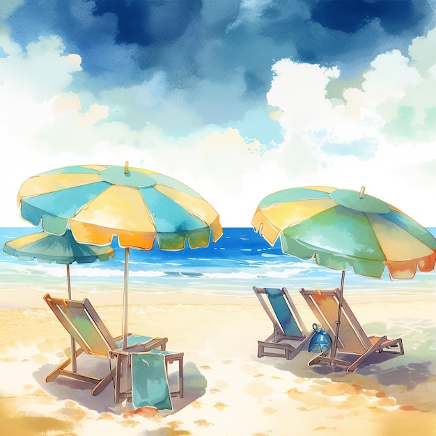 Ai generated illustration of beach umbrella with chairs on the sand