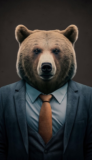 AI-generated illustration of a bear in a business suit against a dark background