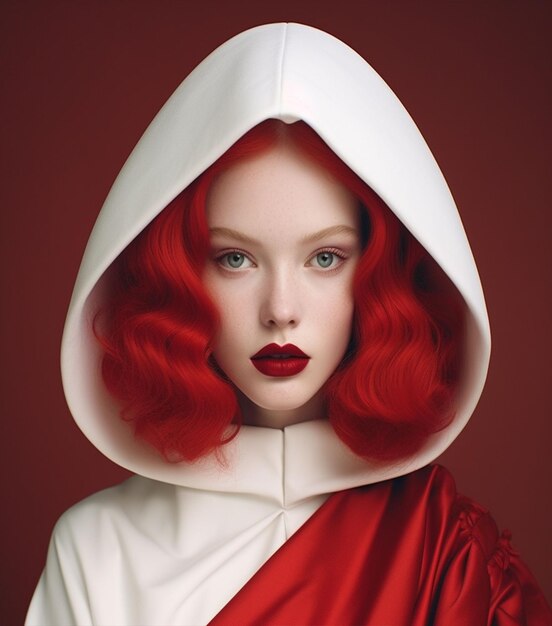 AI generated illustration of a beautiful model with red lipstick against a red background