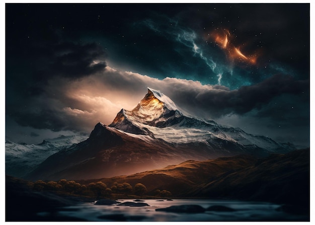 An AI generated illustration of a Beautiful Mountain Peak at night with lightening sky