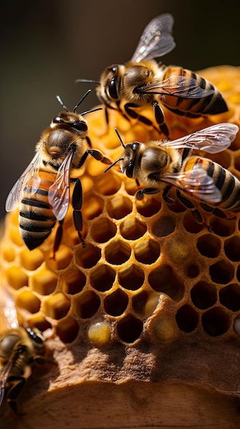 An AI generated illustration of a beehive with several bees resting on a honeycomb