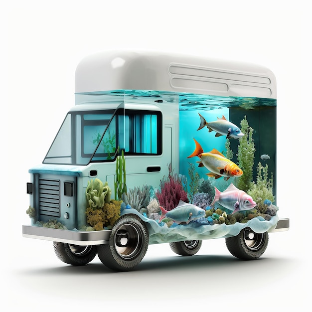 AI сгенерировал иллюстрацию больших грузовиков для доставки аквариумов