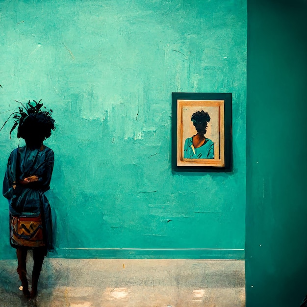 Photo an ai-generated illustration of a black person standing in front of a blue wall with a portrait on it.