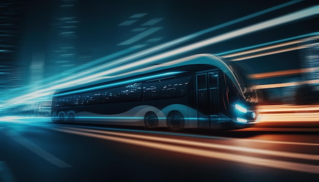 Ai generated illustration of blue futuristic taxi buses on the road driving in the futuristic city