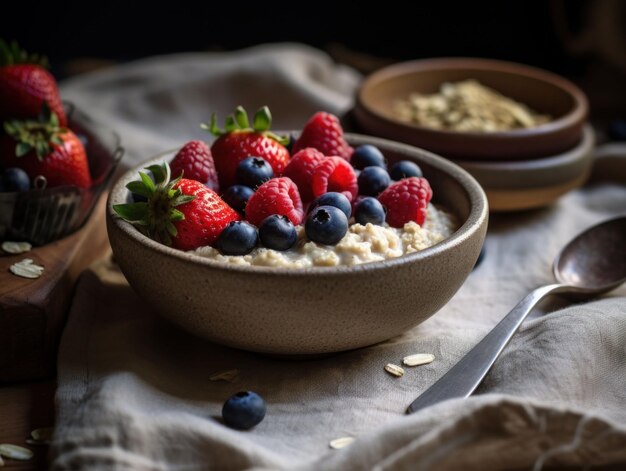 Искусственный интеллект создал иллюстрацию миски вкусной овесной муки со свежими ягодами