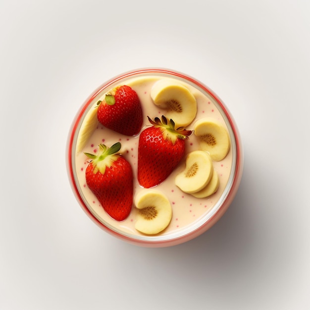 AI generated illustration of a bowl of smoothie topped with fresh bananas and strawberries