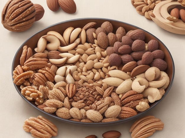Photo ai generated illustration of a bowl of various nuts on a white table